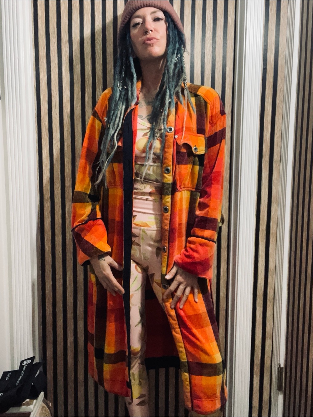 Free People Plaid Chenille Long Trench Coat with front pockets - Picture 1 of 4